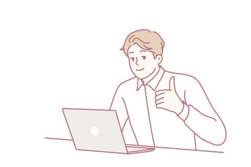 man at laptop giving thumbs up celebrating project approval, freelance worker smiling at screen, casual desk setup, confident posture, soft line art, modern remote work vibe