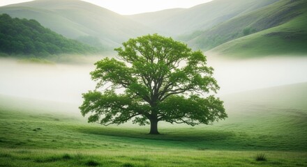 Majestic tree in a serene misty green landscape