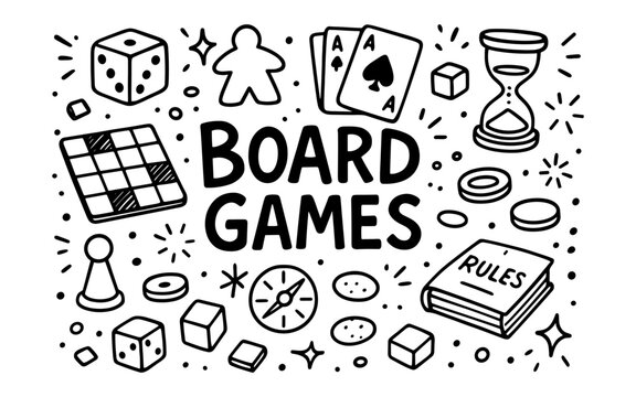 Doodle style board games elements with dice, cards, and tokens