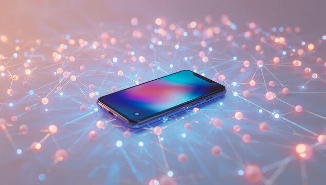 Modern smartphone resting on glowing network, connecting the world with vibrant tech and digital communication, perfect for futuristic concepts - Powered by Adobe