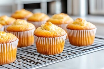 Freshly baked muffins cooling on a wire rack