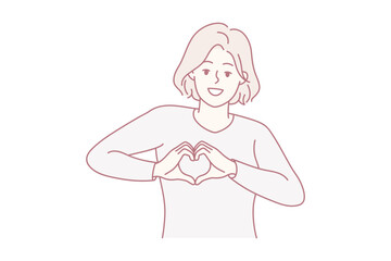 Smiling young woman show heart hand gesture at heart share care and affection. Happy girl demonstrate gratitude. Charity concept. Vector illustration.