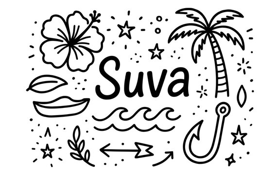 Tropical paradise doodles: suva text with hibiscus, palm and ocean elements