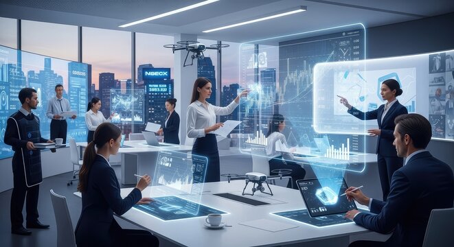 Dynamic team collaborating on future tech projects in a modern office with holographic displays and drone technology for innovative solutions and strategic growth