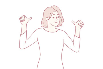 Warm welcoming gesture, Cheerful person with open hand greets guests warmly in relaxed environment, Smiling woman extends friendly hand to warmly greet others in casual atmosphere