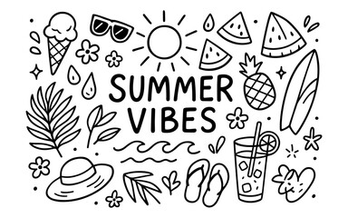 Summer vibes doodle art with ice cream, sunglasses, pineapple, and beach elements