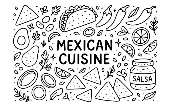 Black and white doodle of traditional mexican cuisine elements with taco and salsa jar
