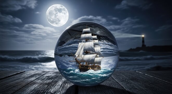Magical sailing ship captured in crystal ball under moonlight by a striking lighthouse at sea, perfect for adventure tales and nautical themes, dreamlike voyage