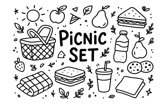 Hand drawn picnic elements with food and drink icons in doodle style