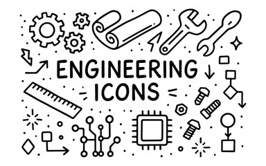 Fototapeta premium Hand drawn engineering icons set with tools and circuit symbols