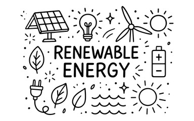 Obraz premium Hand-drawn renewable energy icons featuring solar, wind, and eco-friendly symbols