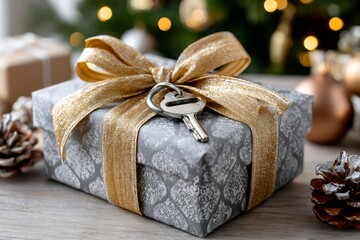 New home key on holiday gift celebrating housewarming