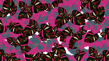 A colorful pattern of stylized leaves in shades of pink, green, and black on a white background
