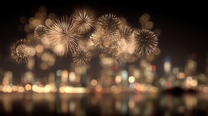 Golden Fireworks Explode Over City Skyline Bokeh Festive Background