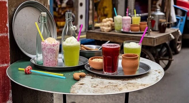 street-style setup featuring South Asian drinks, falooda, sugarcane juice, tamarind juice, jallab