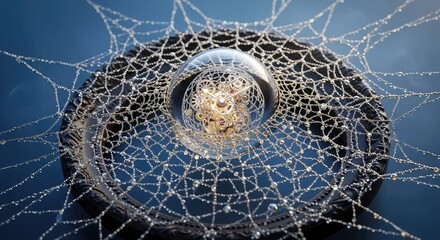 Intricate watch mechanism encapsulated in glass sphere, adorned with dewdropped web on dark frame showcases precision and artistry for luxury brands and timepiece enthusiasts