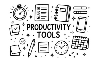 Hand drawn productivity tools set with planner and stopwatch
