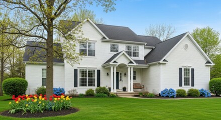 Beautiful white house with colorful spring flowers and lush green lawn