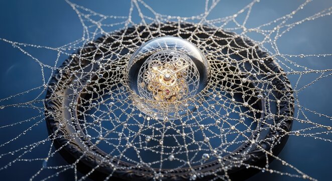 Intricate watch mechanism encapsulated in glass sphere, adorned with dewdropped web on dark frame showcases precision and artistry for luxury brands and timepiece enthusiasts