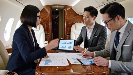 Business professionals discussing financial data on private jet interior - Powered by Adobe
