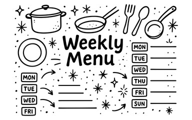 Weekly menu planner with hand-drawn kitchen utensils and stars