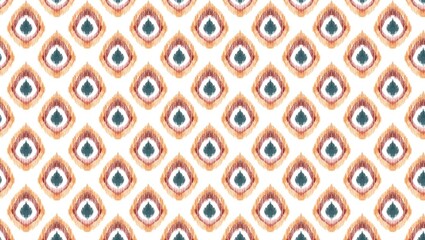 Repeated pattern of teardrop shapes with brown and teal colors on a white background creating a textile design