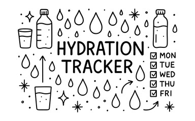 Hydration tracker design with water droplets and bottles for daily monitoring