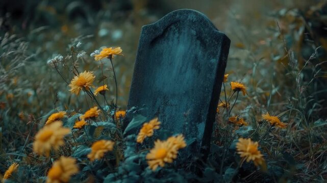 Video A grave with yellow flowers surrounding it in an open field