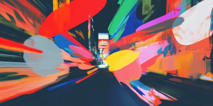 Abstract city lights motion at night with neon colors and energetic streaks. Urban street scene with vibrant dynamic visual energy and blur.