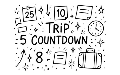 Hand drawn travel countdown doodle with calendar and luggage