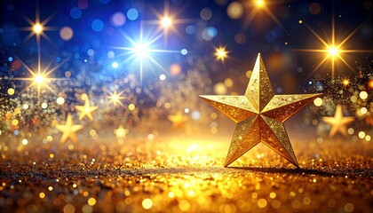 Golden stars glitter amidst bokeh lights, creating a festive, sparkly, and celebratory atmosphere stellar