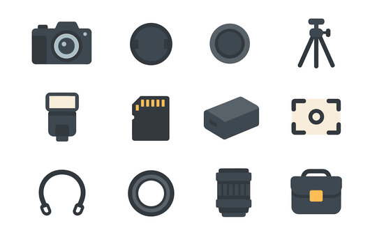 Shutter focus cap zoom button viewfinder icon camera digital set vector card