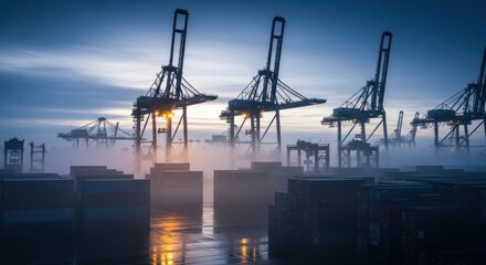 Industrial Port Cranes and Shipping Containers in Heavy Fog