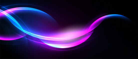 Abstract vibrant curves, flowing light. Purple, blue hues dominate dark background. Modern design, energy radiates.