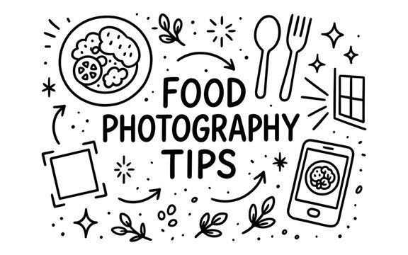 Food photography tips design with line art icons and elements
