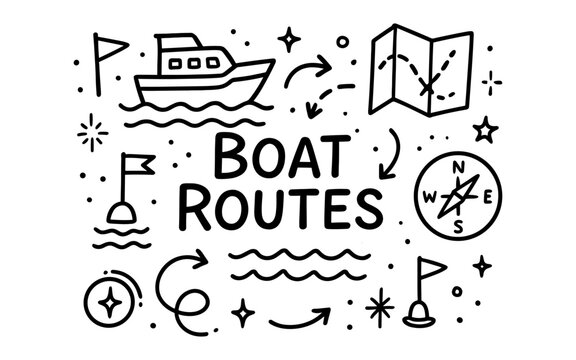 Nautical navigation doodles: map, compass, and boat design in black and white
