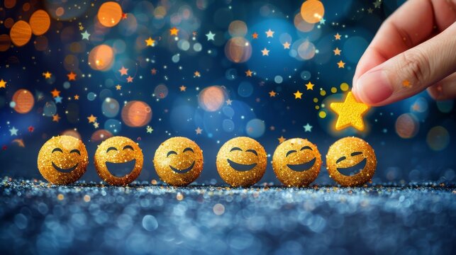 Person selecting maximum rating on satisfaction scale with emojis and stars against dark background - Powered by Adobe