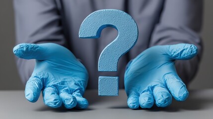 Three dimensional question mark symbol presented between two hands wearing protective gloves