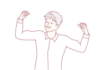 Joyful triumphant celebration, Man exudes pride during trophy presentation achievement, Individual displays confident stance and expressive joy following important milestone success