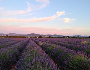 Fototapeta premium Sunset colors washing across blooming lavender landscape