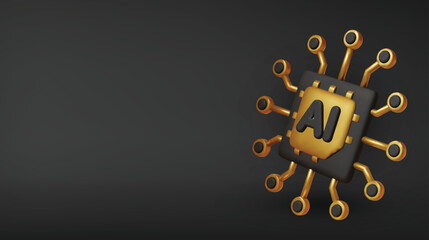 Golden 3D AI microchip symbolizes advanced machine learning, future technology, and powerful computing processors.