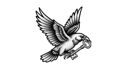 Obraz premium A detailed black and white illustration of a bird holding a key