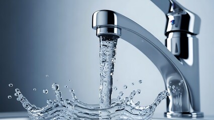 Chrome faucet pouring water with splash and droplets against blue background metal