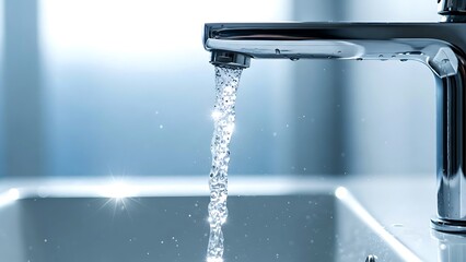 Chrome faucet pouring clear water into sink with light reflections metal