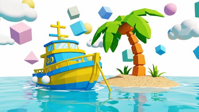Colorful low poly boat near a small tropical island with palm tree and floating geometric shape in water