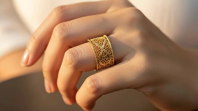 Closeup of elegant golden ring on hand in subtle motion