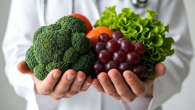 Doctor hands holding fresh broccoli grapes lettuce tomato and orange image - Powered by Adobe