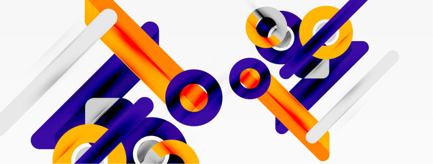 Abstract geometric shapes, vibrant orange, purple hues. White background creates dynamic visual composition. Modern design elements present.