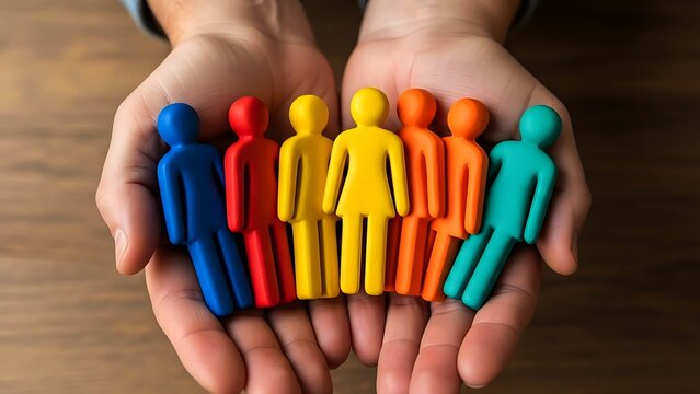 Hands holding colorful diverse group of small human figures in rainbow colors diversity inclusion