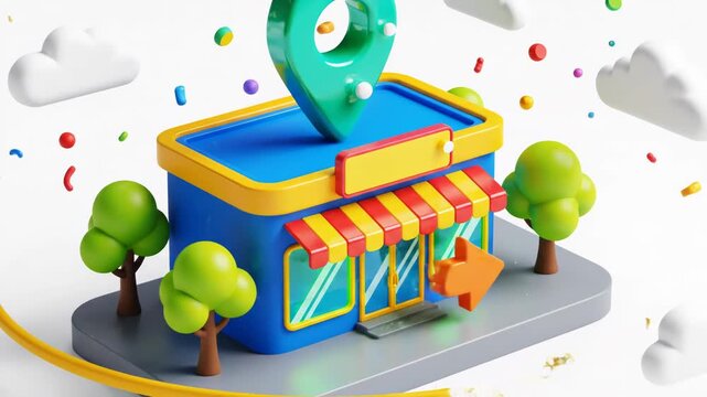 3d isometric cute storefront with location pin, arrow, trees, clouds, and colorful confetti isolated on white background